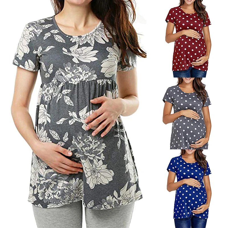 Women Pregnancy Casual T Shirt Maternity Summer Short Sleeve Dot Print Tees Tops Pregnant Tunic Blouse Maternity Clothing