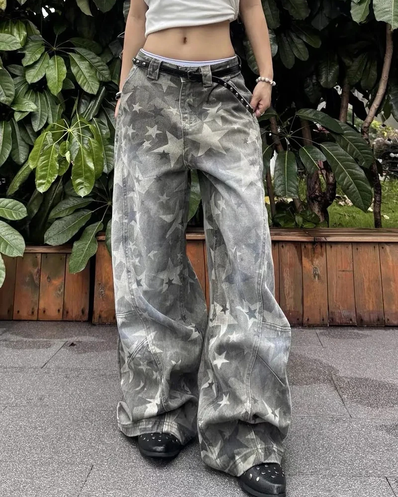Streetwear Wide Leg Jeans Women Vintage Star Print Loose Hottie Denim Pants Y2K Harajuku Hip Hop High Waist Pocket Trouser New