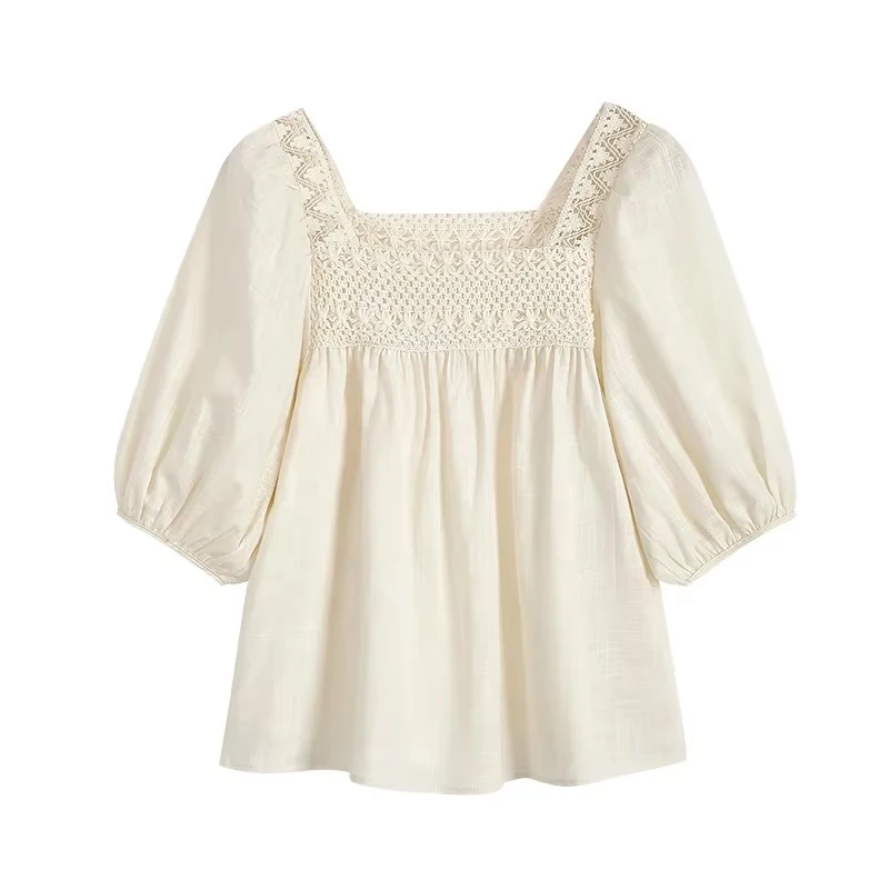 

2025 Новая летняя милая блузка с квадратным вырезом для женщин, модные однотонные женские топы, повседневная свободная тонкая женская одежда с пышными рукавами 8015