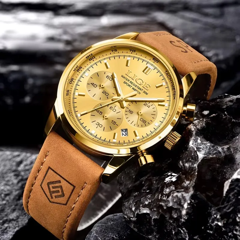 LIGE Mens Watches Fashion Business Genuine Leather Quartz Wristwatch Waterproof Chronograph Luminous Watch Man Male Clock