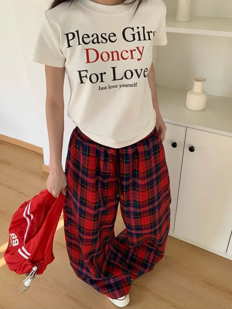 Women's Retro Red Checkered Casual Sweatpants Cute Girl High Waisted Pants Summer Bottoms Female Wide-leg Straight Trousers