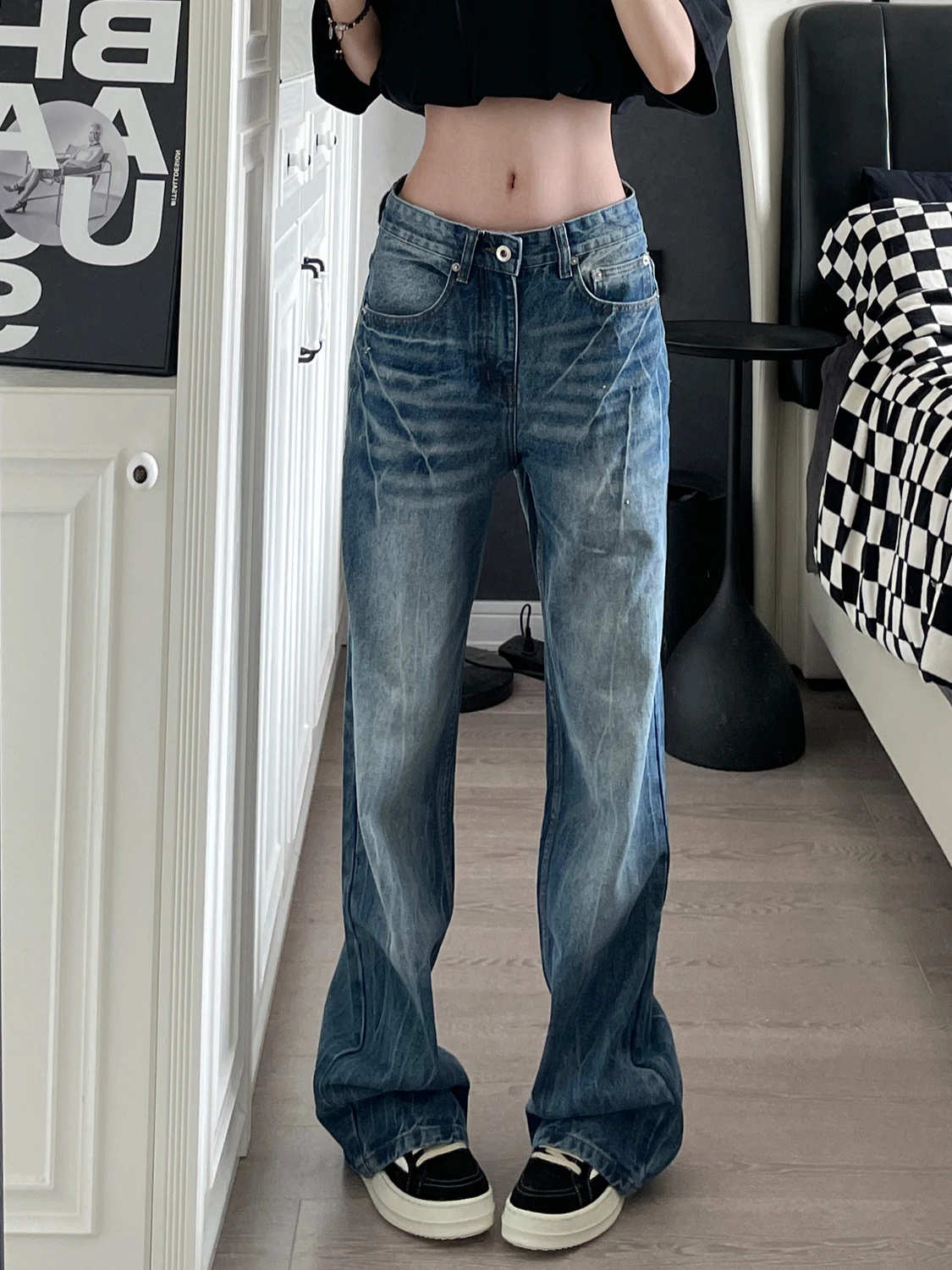 

High Waist Wide Leg Crack Design Jeans Women's Loose Fit Large Size Draping Long Pants Autumn Winter New Style Blue