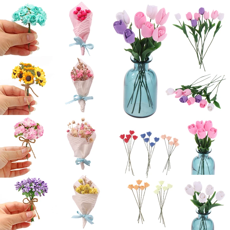 1 Set Miniature Rose Tulip Flower Children Dollhouse Fairy For 1/12 Dolls House Kitchen Dinning Room Decoration