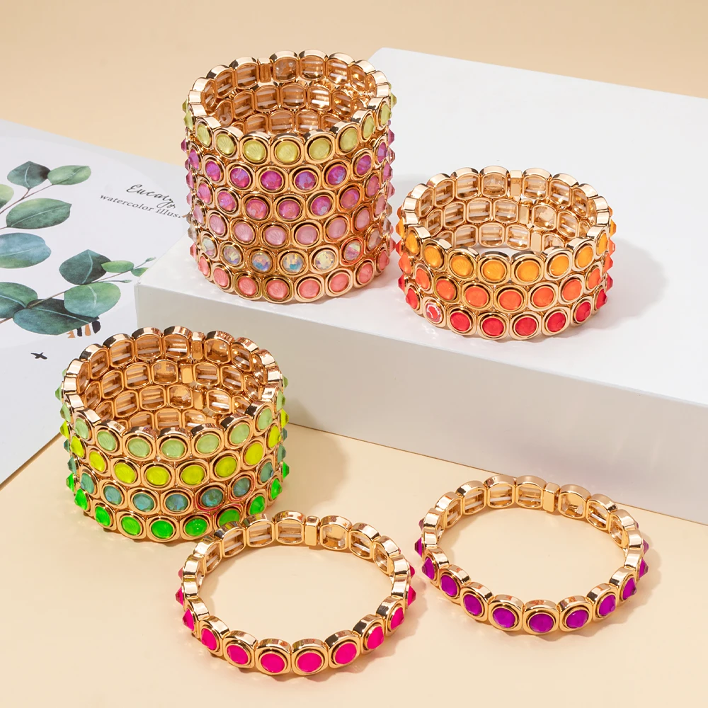 2023 New Design Gold Sliver Color Bracelets For Women Inlaid Colorful Diamond Beads Elastic Bangle Resin Crystal Jewelry