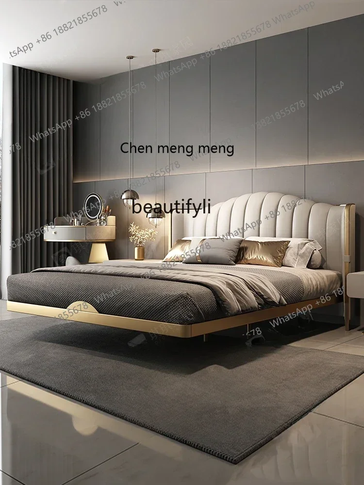 K182  Light Luxury Silent Style Italian Minimalist Leather Suspended Empty Master Bedroom Double Bed Metal Advanced