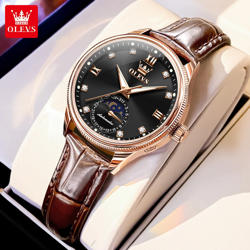 OLEVS Women Mechanical Watches Luxury Genuine Leather Strap Moon Phase Date Display Automatic Movement Waterproof Ladies Watch