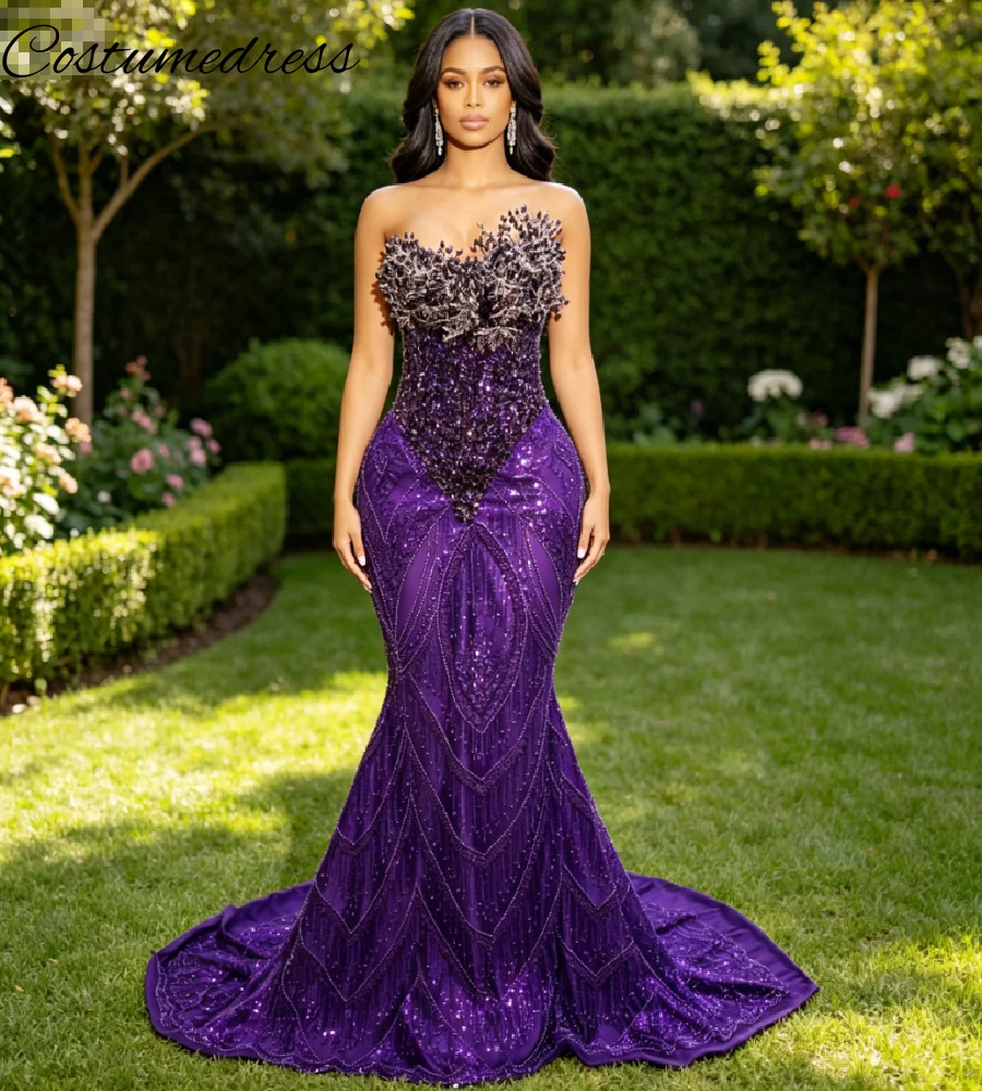 Dark Purple Strapless Mermaid Prom Dress 3D Floral Beaded Sequin Chevron Pattern Evening Gowns Black Girls Diamond Formal Party