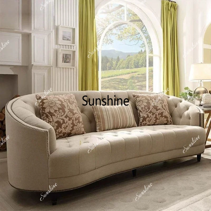 

European linen semi-round double three-person solid wood sofa