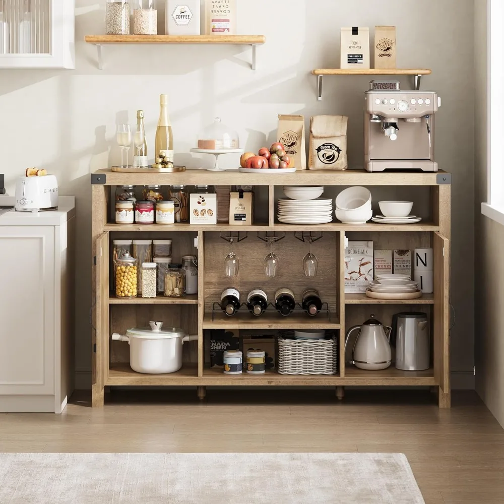 52" Rattan Sideboard Buffet Cabinet with Storage and Wine Racks, Farmhouse Kitchen Buffet Cabinet with Drawer, Boho Coffee Bar w