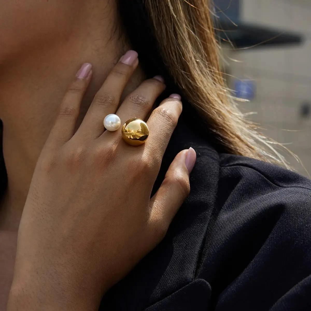 Miia Jewelry 18K Gold Two‑Ball Open Cuff Ring Stainless Steel Imitation Pearl Adjustable Statement Ring For Women
