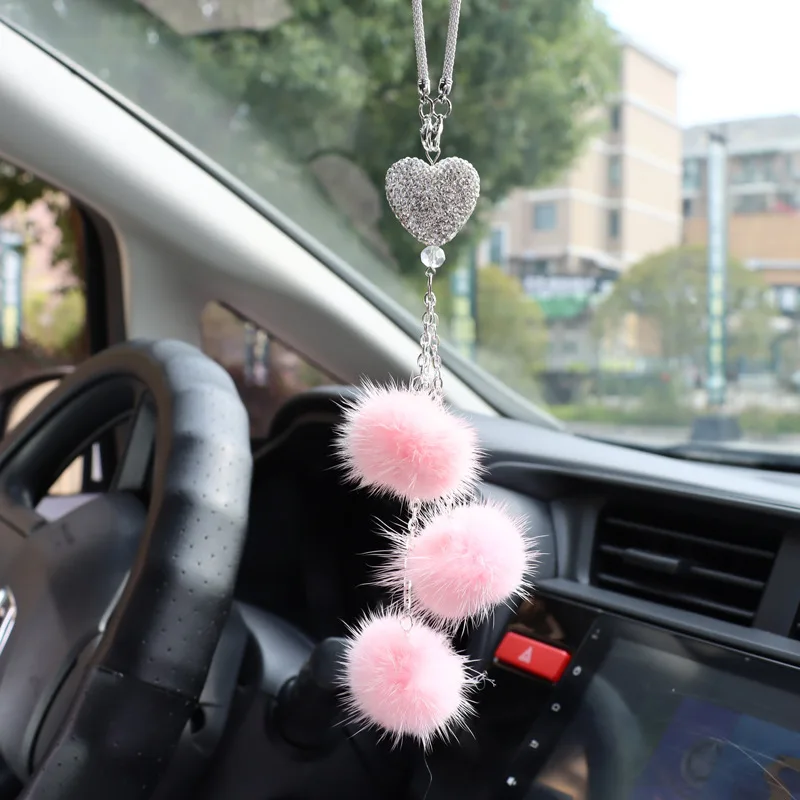 

Rhinestone Crystal Plush Pendant Auto Rearview Mirror Ornament Bling Car Mirror Hanging Accessories Car Interior Decoration
