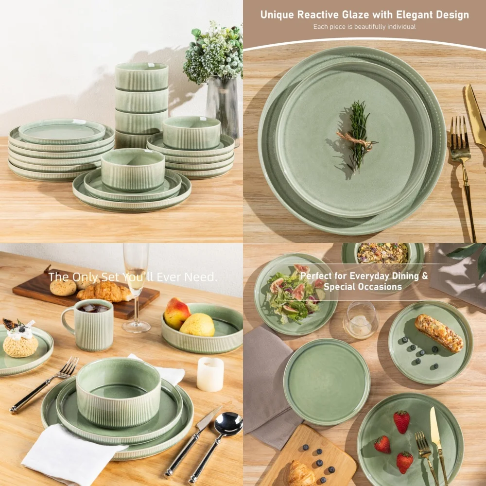 

Набор керамической посуды Набор керамической посуды для 4 круглых тарелок и мисок с реактивной глазурью идеально подходит для повседневного использования и специального использования