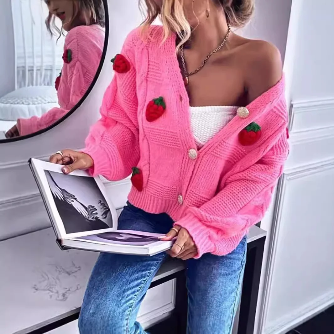 2024 Autumn and Winter New Strawberry Gentle and Sweet Knit Sweater Cardigan Coat Women's Long Sleeves