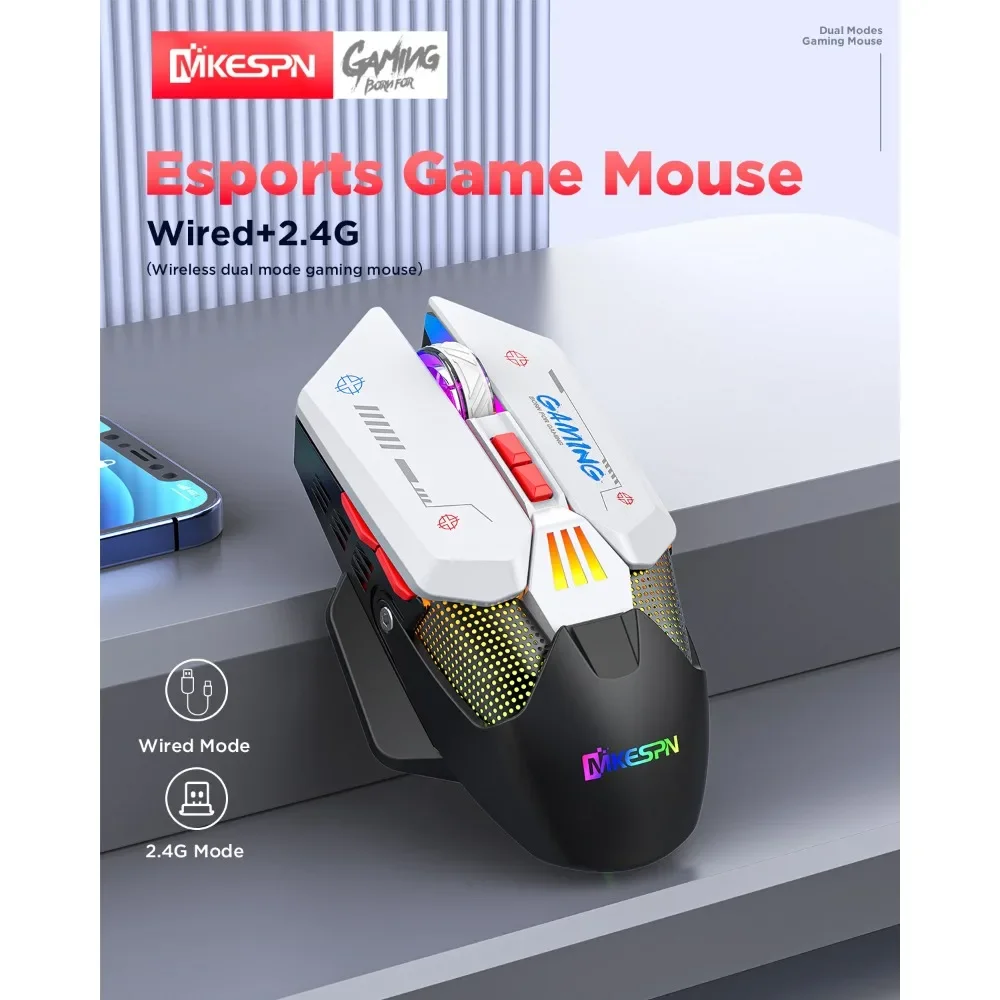 MKESPN W19 Dual Mode Gaming Mouse Wireless 2.4G Wired Type-C RGB Macro Definition 1Khz Adjust 10000DPI 450mAh Esports Office FPS