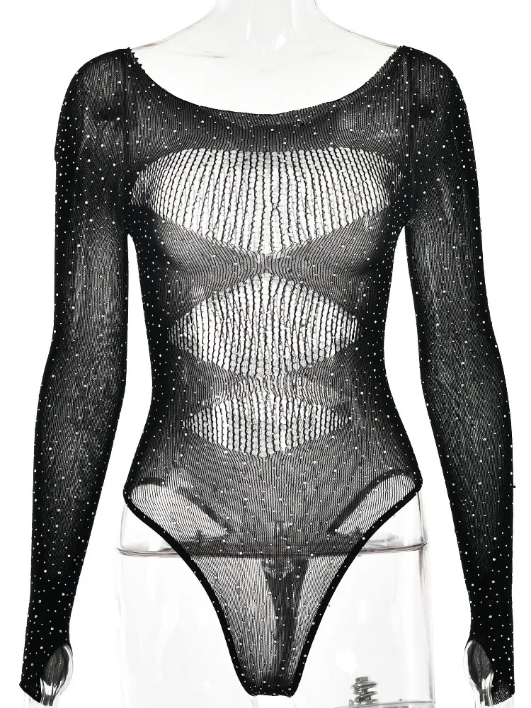 Articat-Women\'s Sexy Spicy Girl High Elastic Knitted Bodysuit, Perspective, Long Sleeved, Hollow Hot Diamond, Summer Beach 2024