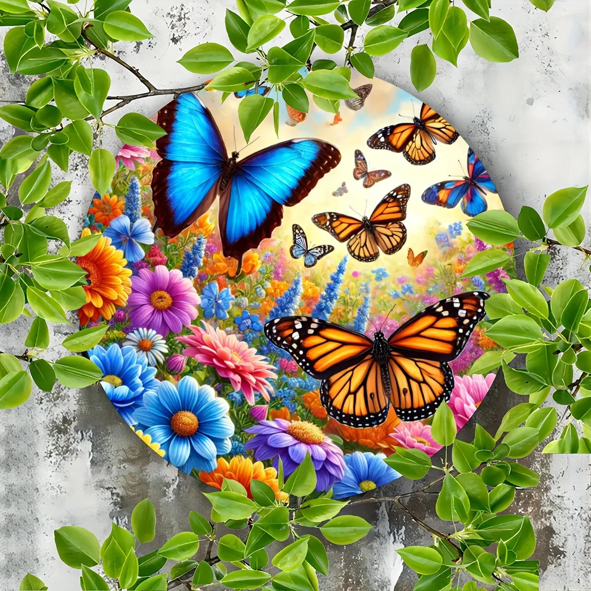 Vibrant Floral & Butterfly Metall-Wandkunst, 20,32 x 20,32 cm, rundes Eisenschild für Bar, Café, Club-Dekor, Metallschild, bunt, Blume