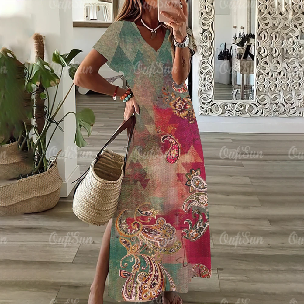 Women's Dresses V Neck Split Sexy Short Vintage Floral Print Short Sleeve Muslim Dress Holiday Elegant Pretty Dresses for women