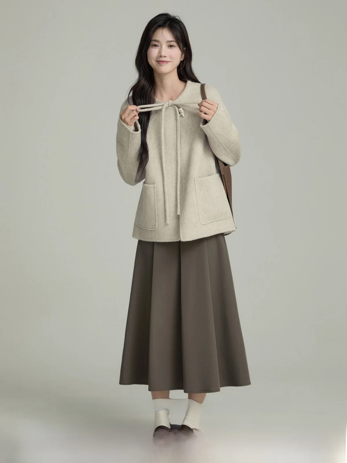 

Двустороннее шерстяное пальто женское однотонное с поясом, осенне-зимнее, новое, для повседневной носки, с круглым вырезом, длинный рукав