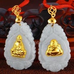 Natural Grade A Jadeite + Solid Gold Chinese Dropping GuanYin Buddha Pairs Amulet Lucky Pendant Necklace Jewelry Certificate