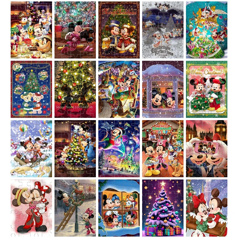 Disney Christmas 35 Pieces Jigsaw Puzzles Cartoon Mickey Mouse Wooden Puzzle Children's Educational Toys Handmade New Year Gift