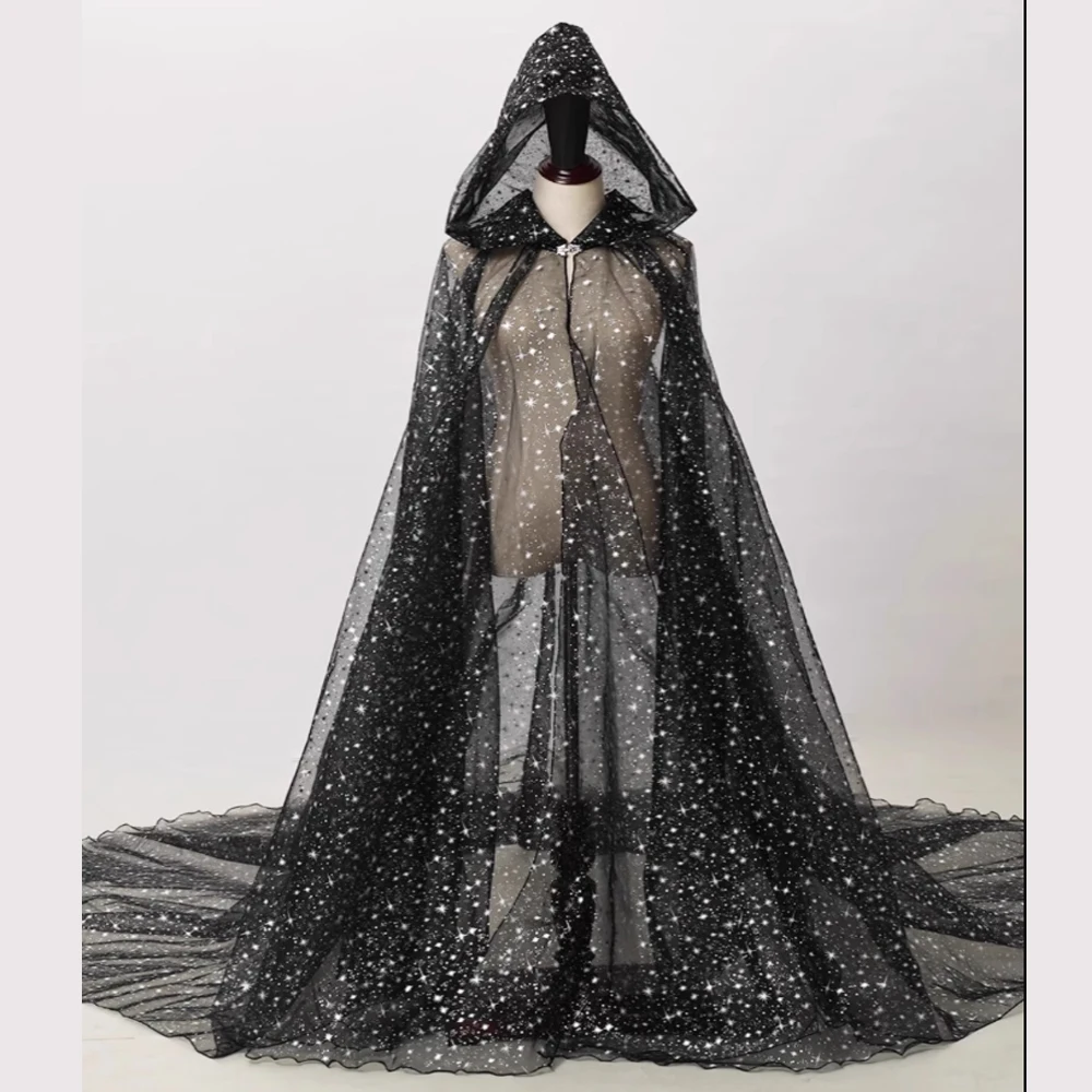 Bling Bling Tulle Wedding Wrap Long Bride Shawl Party Cloack Cape With Hood Customized