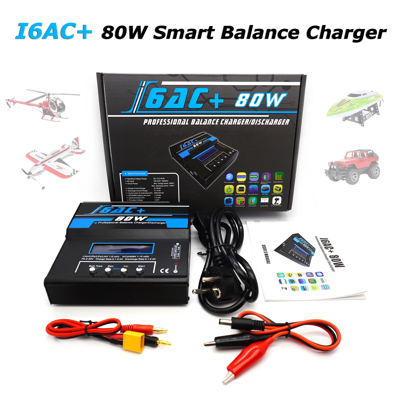 

I6AC 80W Multi-Function Smart Balance Charger /DisCharger with Adapter for LiLon LiPo LiFe NiMH NiCD Pb Battery RC Model Parts