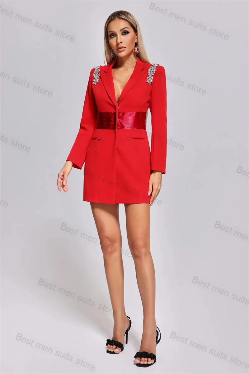 

Red Crystals Women Suit Skirt 1 Piece Long Blazer Belt Bow Formal Office Lady Jacket Wedding Prom Dress Coat Custom Made