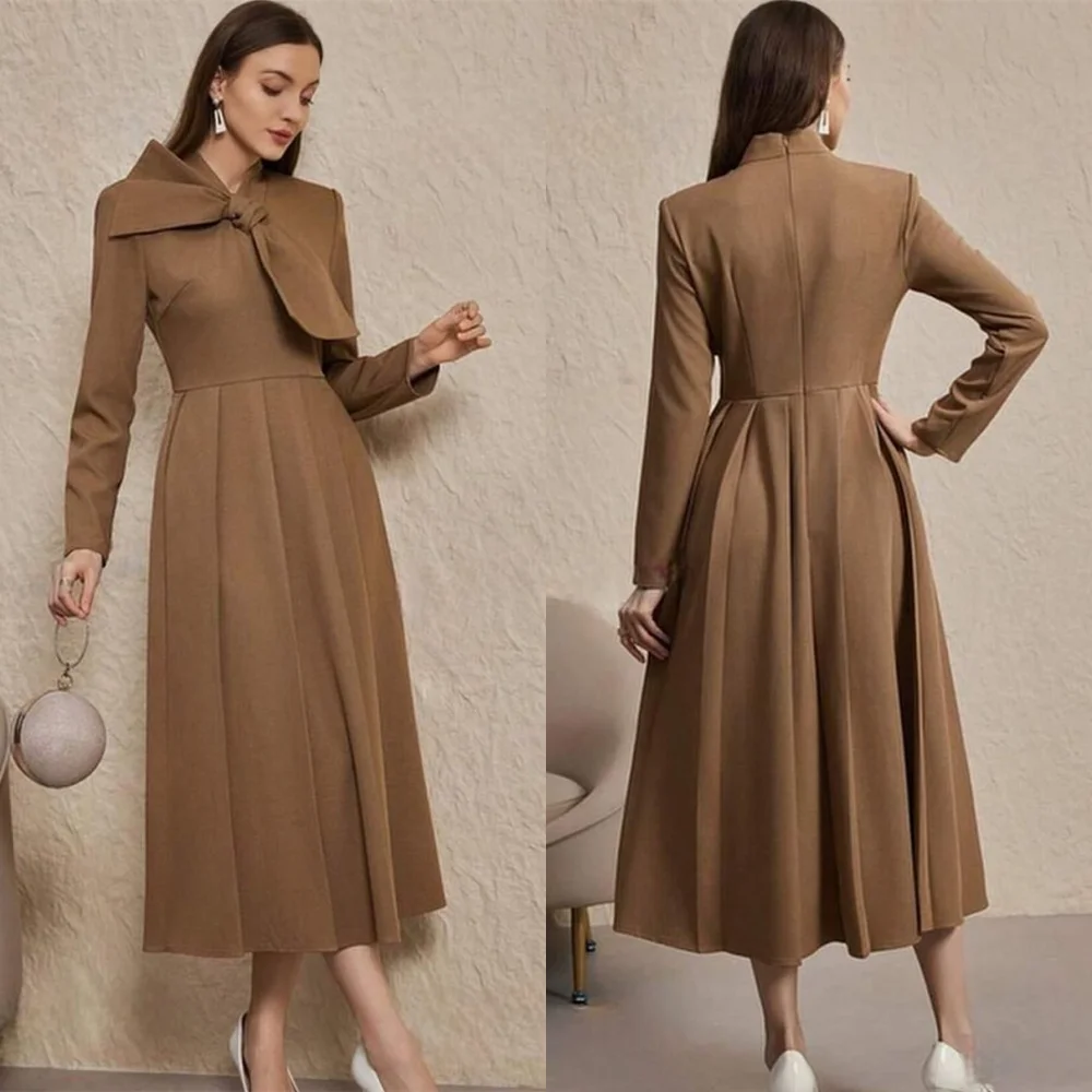 

Customized Simple Jersey Evening Dress Elegant V-Neck Long Sleeves Homecoming Dresses Formal Ruched Special Occasion G