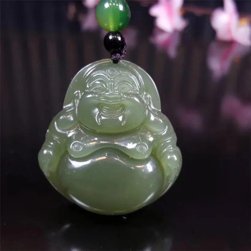 Laughing , Hetian Qinghai Material Maitreya Buddha Pendant, Women's Bodhisattva Jade Amulet