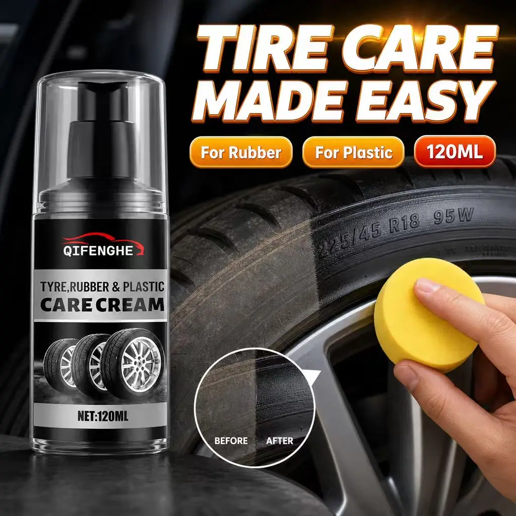 Tyre Rubber Plastic Care Cream 120ml Car Tire Shine Auto Trim Restorer Polish Sponge view 5