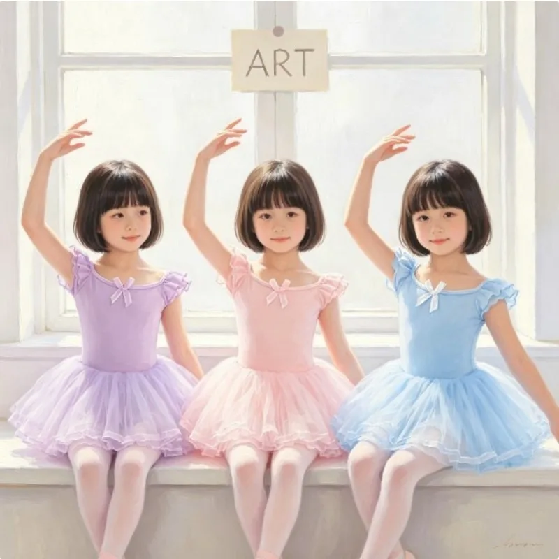 Girls Short Sleeve Ballet Dance Dress Kids Mesh Tutu Skirt Spring Autumn Practice Costume Stage Show Ballerina Daily Dancewear
