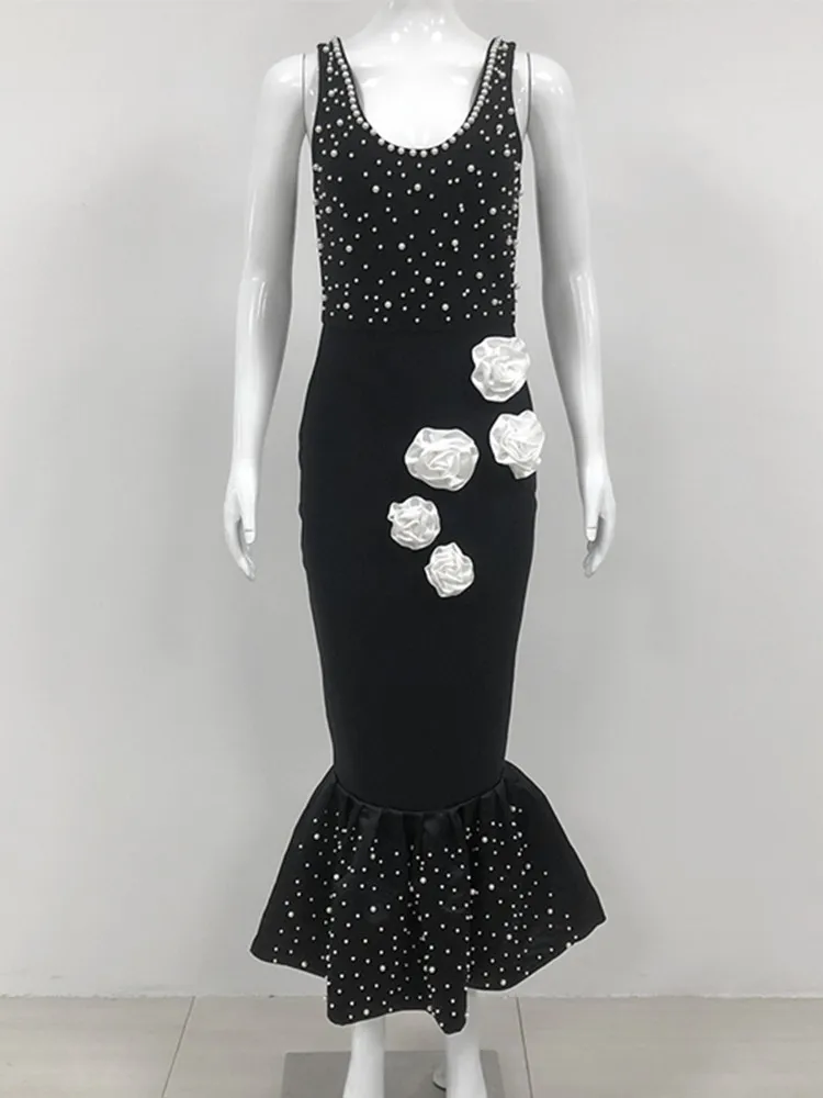 Women Celebrity Sexy Tank Pearl Flower Black Midi Mermaid Bodycon Bandage Dress 2024 Elegant Evening Club Party Dress