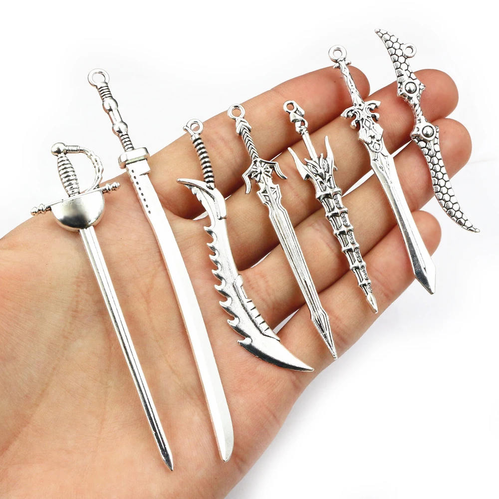 10pcs Antique Silver Plated Alloy Metal Sword Blade Charms Pedants DIY Jewelry Making Accessories Findings