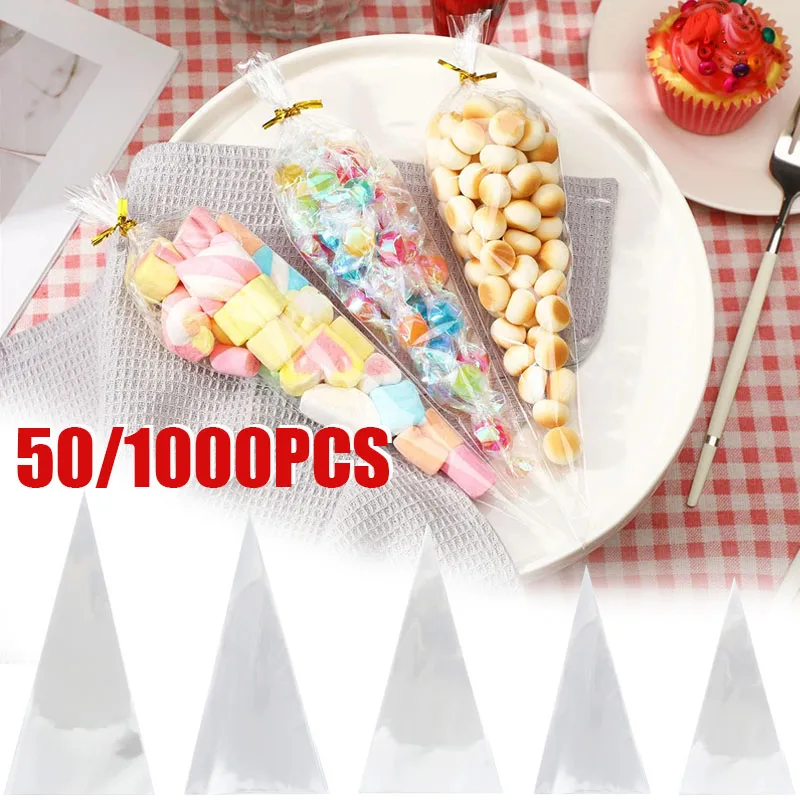 

Transparent Cone Shaped Candy Bags Plastic Cellophane Package Candy Bar Wedding Birthday Party Decor Gifts Favors for Kids