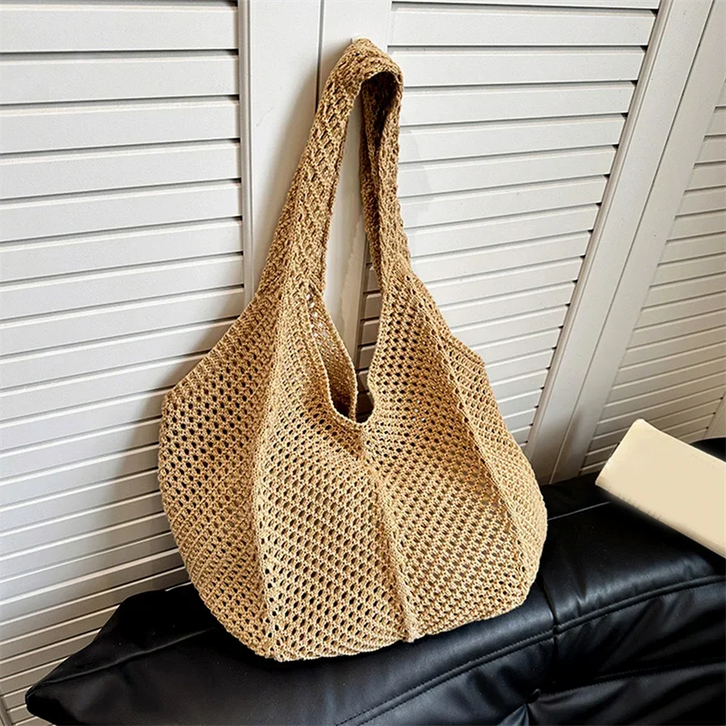 Women Crochet Tote Bag Mesh Beach Shoulder Bag Large Capacity Fashion Knitted Bag Simple Shopping Handbag for Travel Vacation