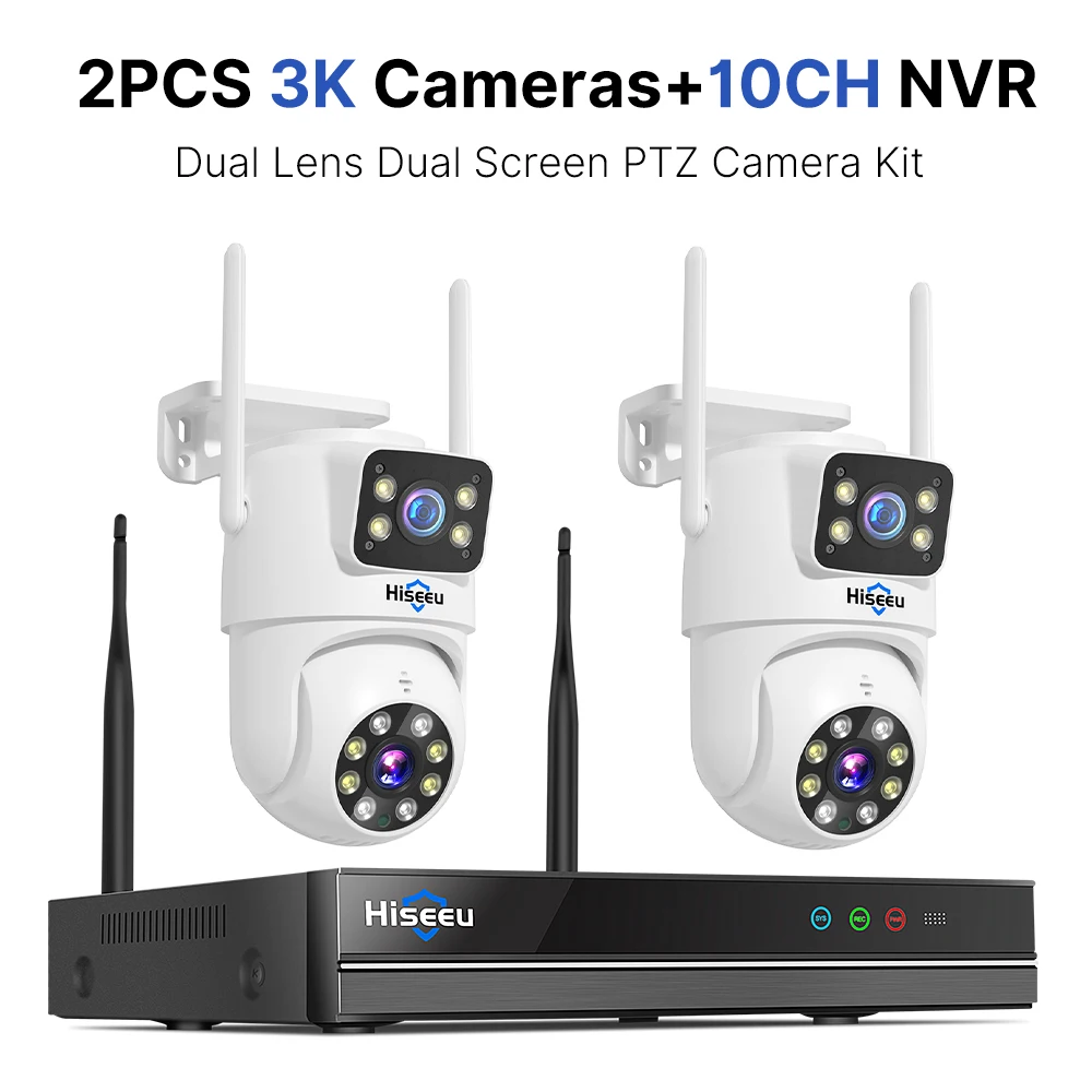 Hiseeu 3K 6MP Dual Lens WiFi CCTV Surveillance Kit Automatische Tracking Kleuren Nachtzicht P2P 10CH NVR IP Camera's Beveiligingssysteem