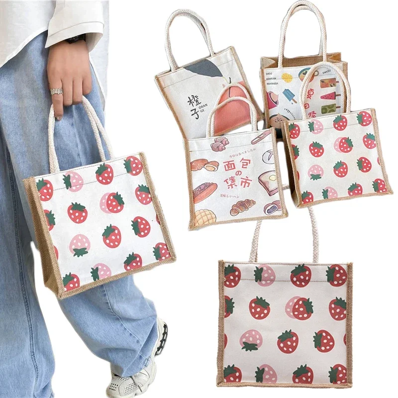 Summer Canvas Lunch Bag Korea Personalized Portable Lunch Bag Food Picnic Bags Print Pattern Picnic Travel Bento Bag