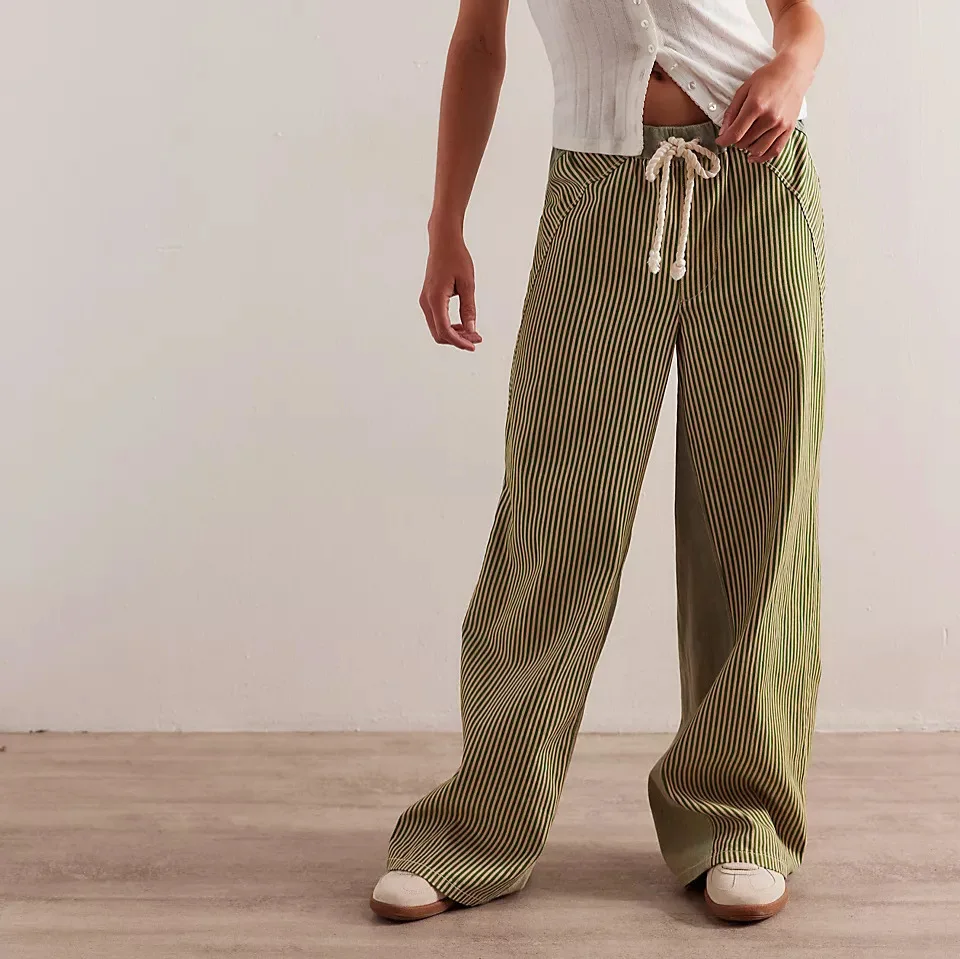 Pant Women Wide Leg Long Pants Striped High Waist Straight Trousers Y2k Streetwear Slim Capris Elegant Splice Work Autumn 2025