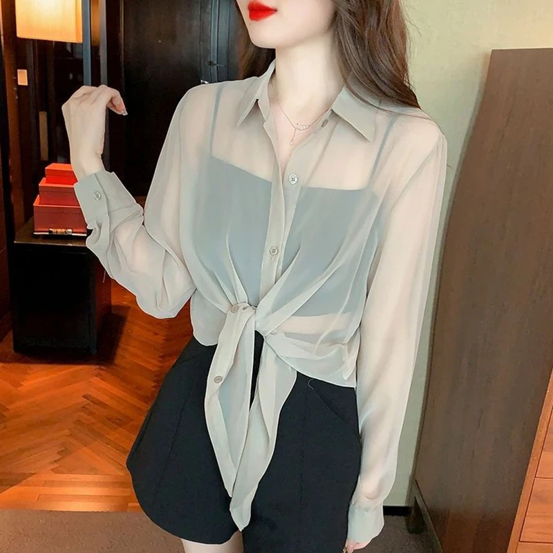 Chiffon Lace Up Sun Proof Blouse Women Sweet Long Sleeve Thin Casual Shirt Summer Elegant Loose Lady Turn Down Collar Short Tops