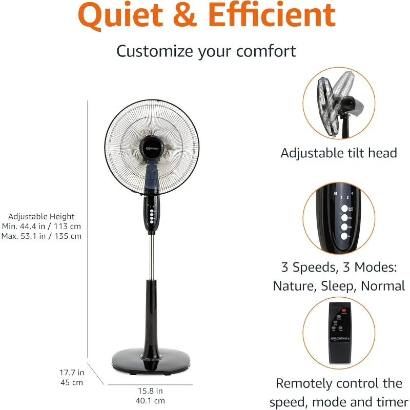 

16" 3-Speed Floor Fan, Stand Fan with Oscillating Dual Blades, AC Motor, with Remote Control, Timer, Tilt Head