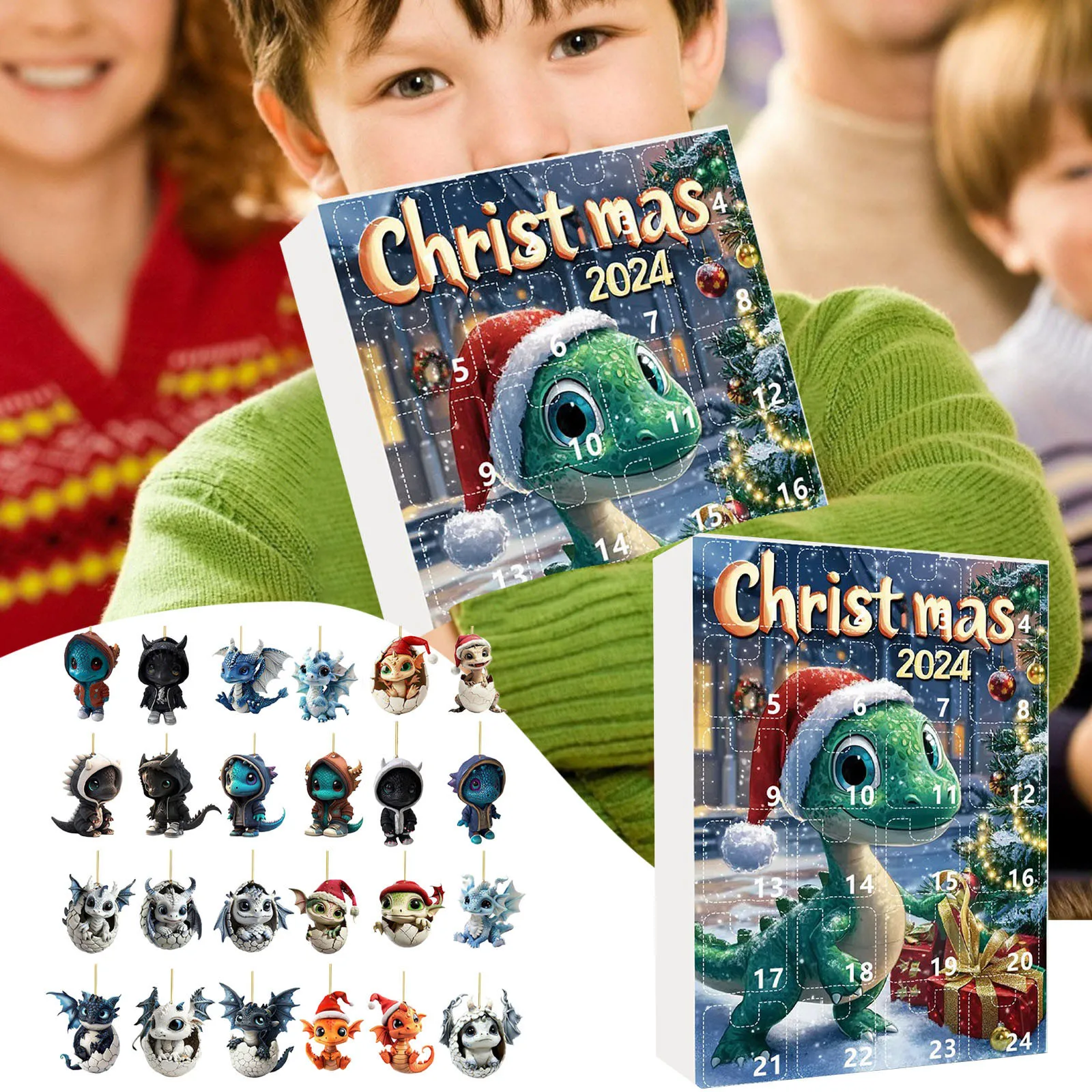 Set per bambini in vetro Albero di Natale Ciondolo drago Calendario dell'Avvento 2024 Conto alla rovescia di Natale di 24 giorni Orologio digitale per bambini con timer