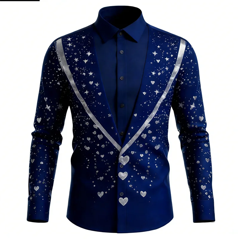 New men's fashionable long sleeved shirt with 3D heart printed single breasted shirt and high-quality top