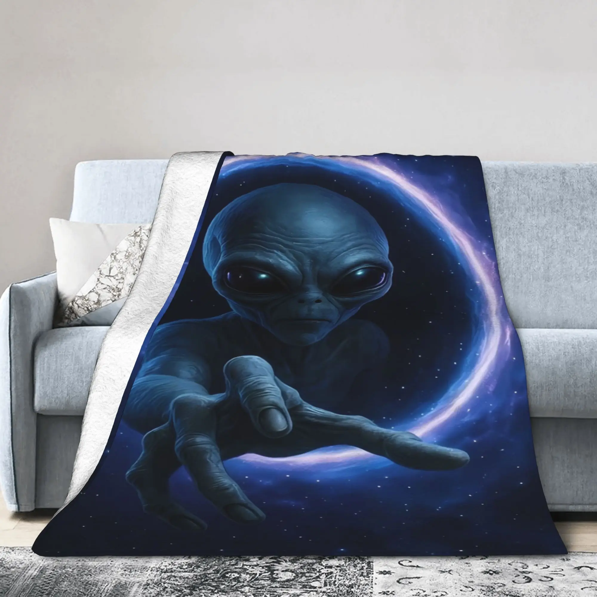 Dark Blue Alien Reaching Hand Out Glowing Space Portal Blankets Office Flannel Throw Blanket For Couch Bed Bedspread Present
