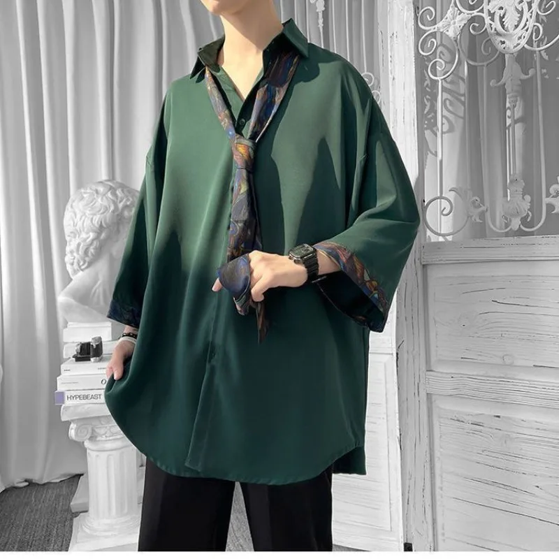 EBAIHUI Dark Green with Tie Shirt Vintage Hong Kong Style Men's Short Sleeved Blouse Summer Loose Oversized Style Blusas