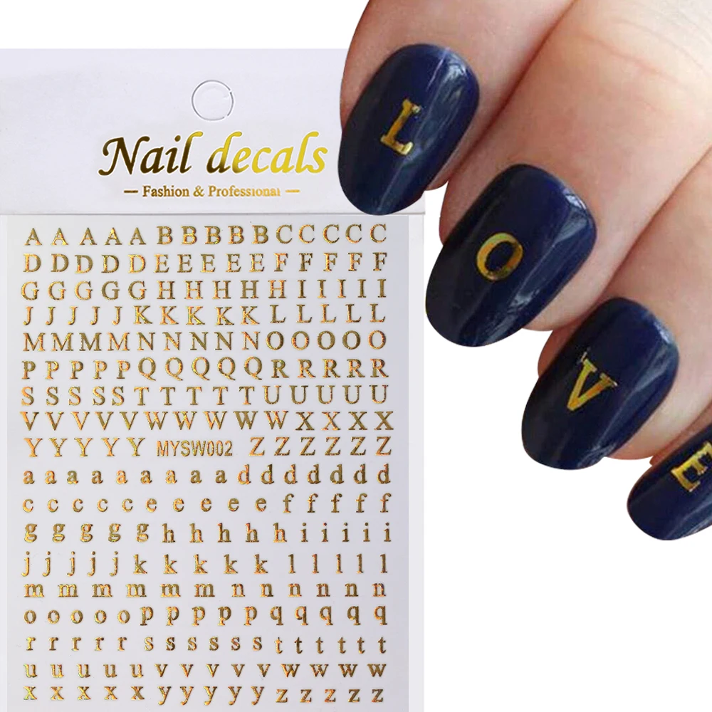 1Pcs 3D Roman Letters Nail Art Stickers 26 English Uppercase/Lowercase Self Adhesive Nail Decals Golden Silver Letter Sliders &1