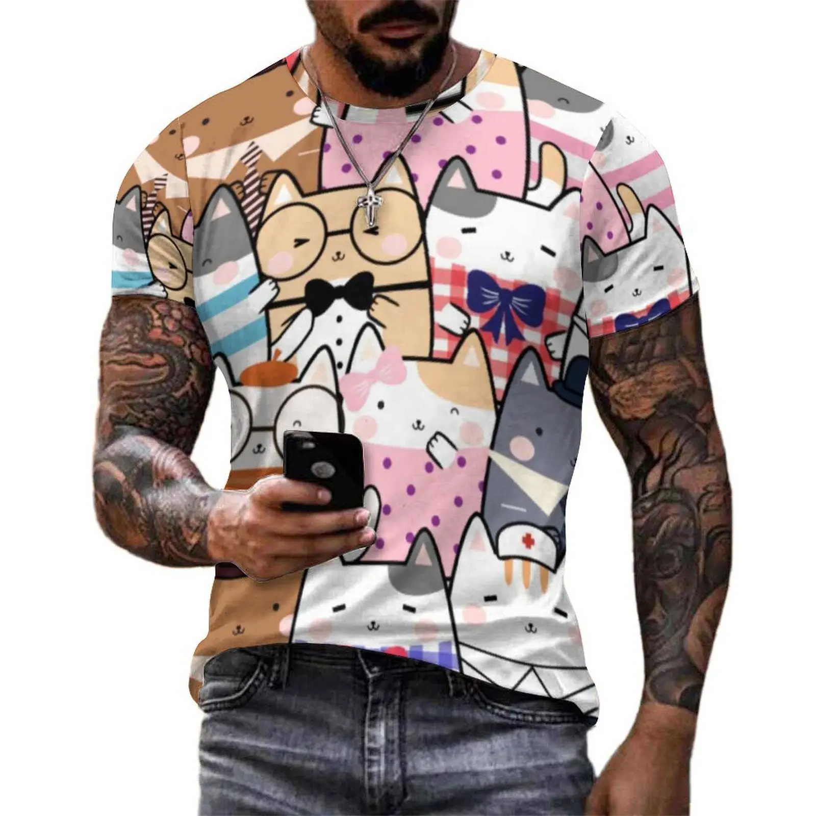 Whimsical Cat T Shirt Kitten Cartoon Illustration Vibrant Fashion T Shirts Men Y2K Casual Tshirt Short-Sleeve Clothing Plus Size