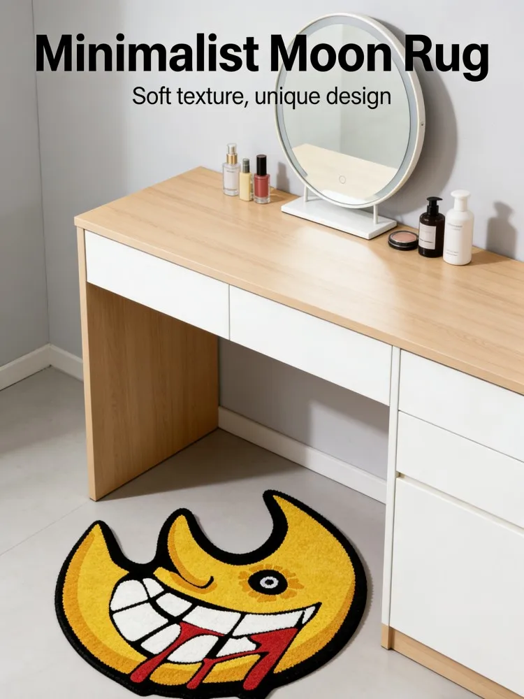 Gothic Grinning Moon Shaped Area Rug, Creepy Cartoon Floor Mat, Non-Slip Washable Doormat for Bedroom Entryway