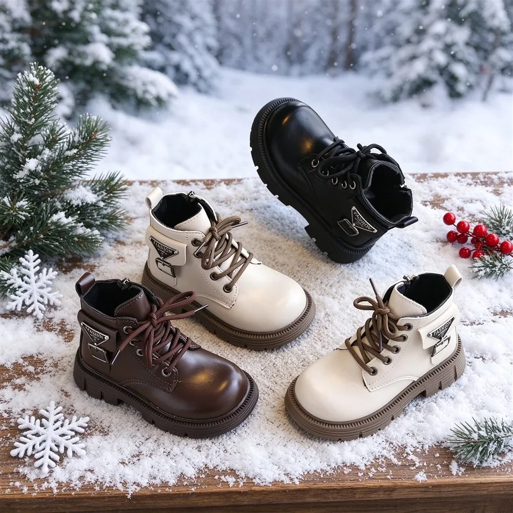 Kids Fleece Lined Ankle Boots, Lace-up & Side Zipper, Metal Label Decor, Non Slip Thick Sole Boots for Winter Daily Walking Wear
