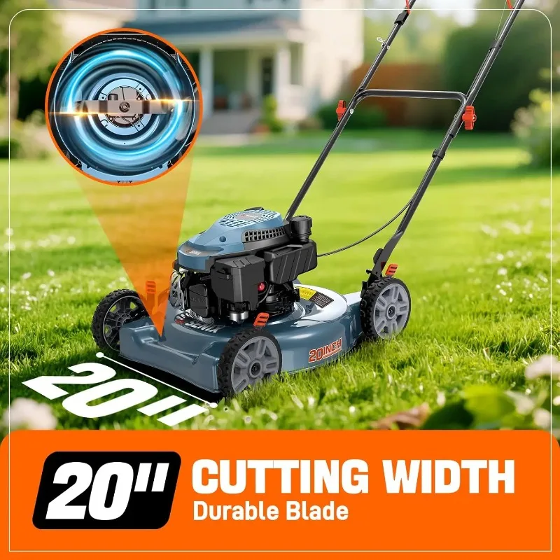 144 cc Gas Lawn Mower, 20 inch 4-Cycle Push Mower, Side Discharge, 5 Position Cutting Height Adjustment
