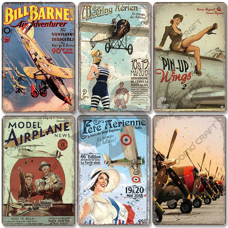 Vintage Aluminium Meeting Aerien Air Show Tin Sign, Sky Background Pin Up Girl Warplane Wall Decor for Garage & Man Cave Home